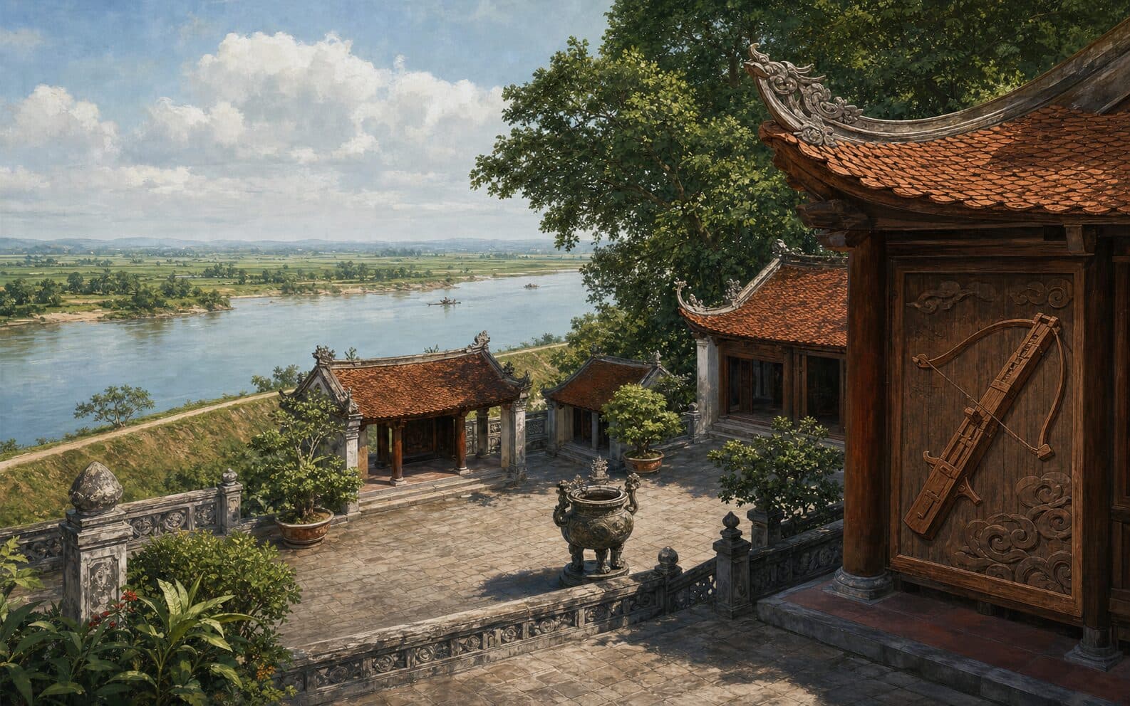 Minh họa quần thể lăng và đền Cao Lỗ Vương bên sông
