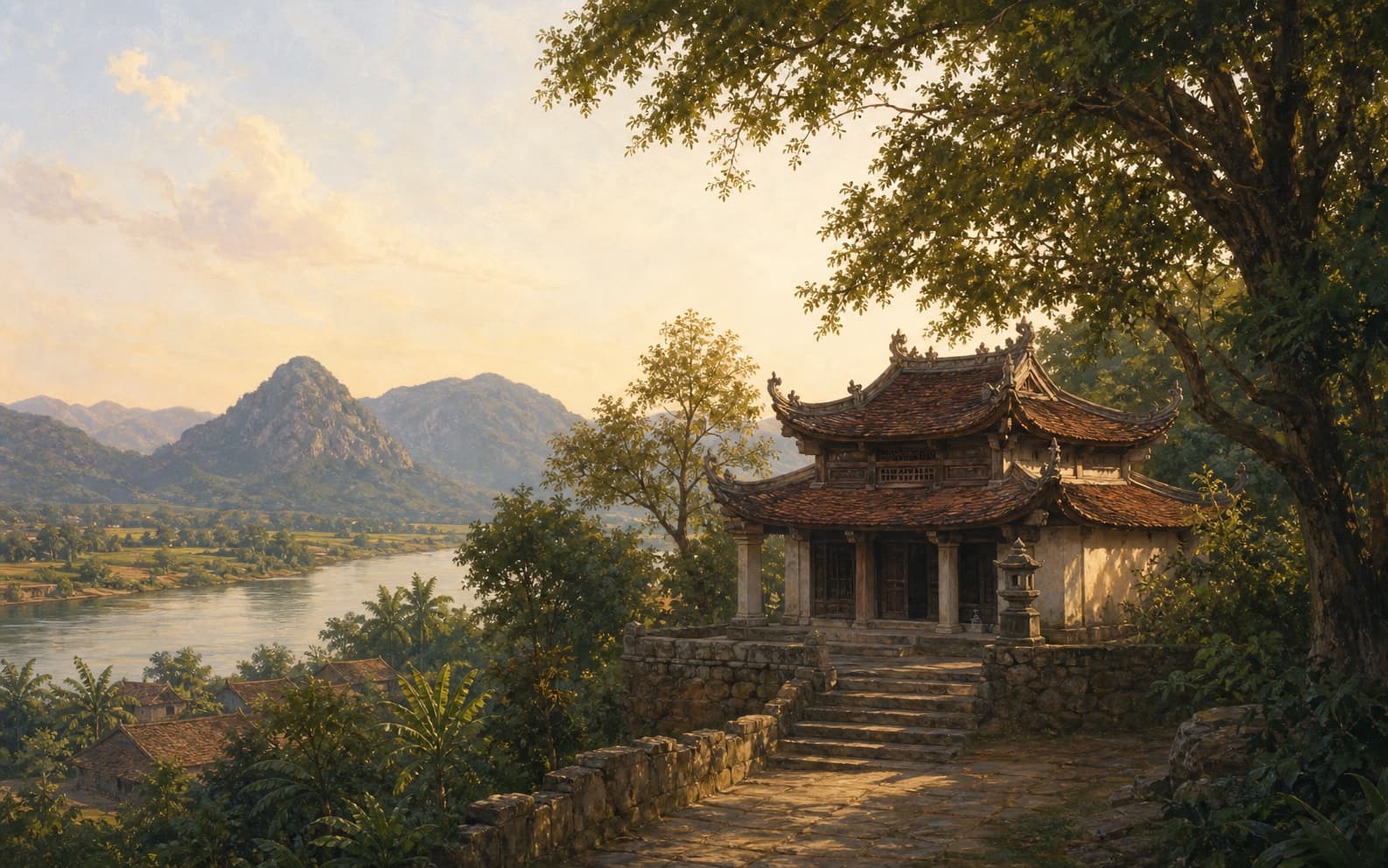 Minh họa ngôi chùa cổ giữa cảnh quan vùng Lục Nam