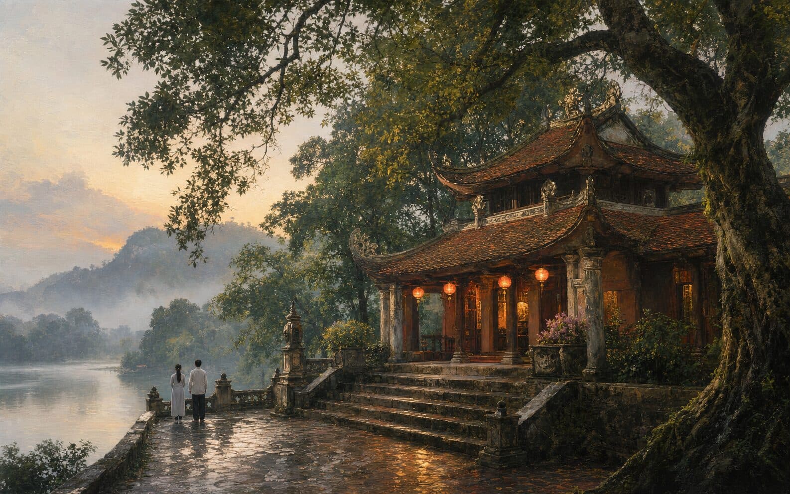Minh họa Đền Nguyệt Hồ trong cảnh quan ven sông Thương