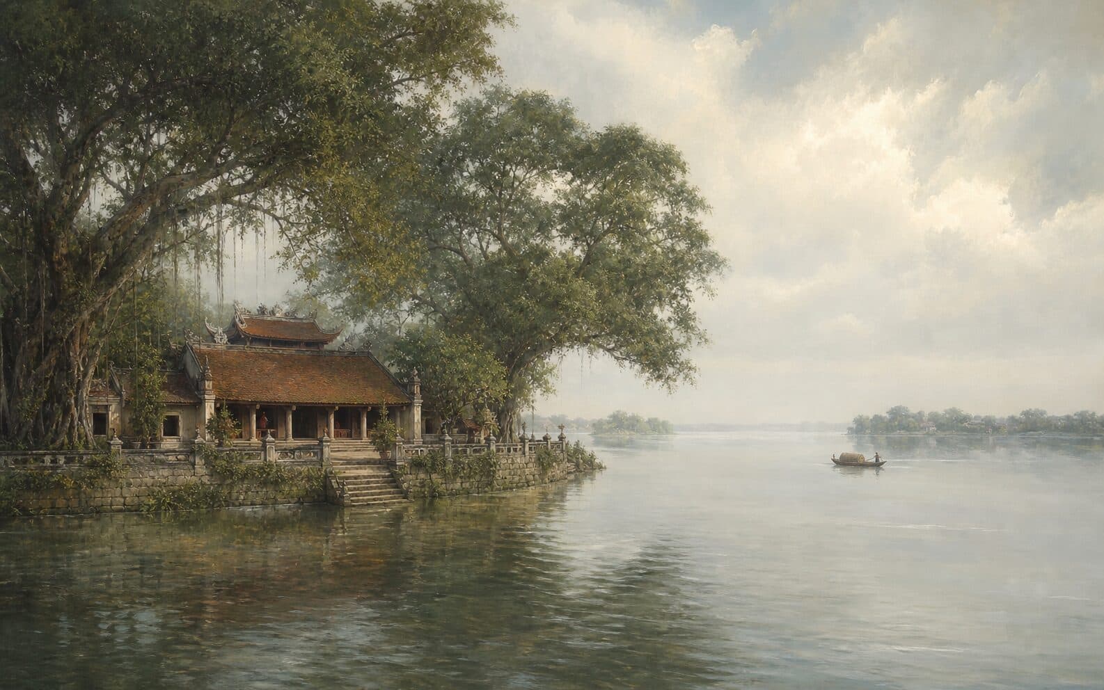 Minh họa Đền Tam Phủ trên bãi Nguyệt Bàn nhìn ra vùng hợp lưu