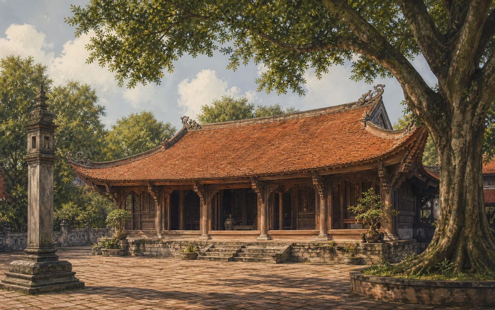 Minh họa Đình Phù Lão với kiến trúc gỗ thế kỷ XVII